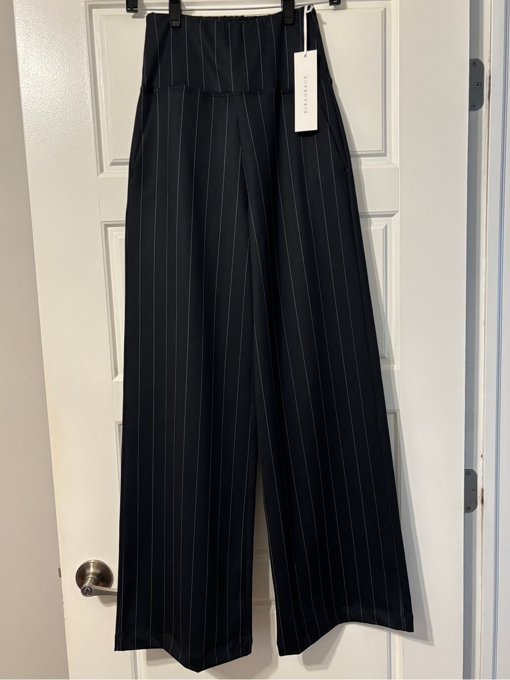KiraGrace PowerStrong Pinstripe High Waist
Wide Leg Pants in Navy
